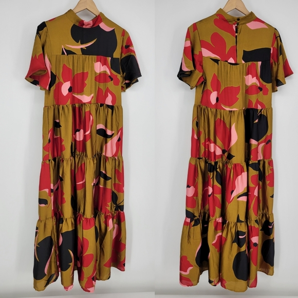 Corey Lynn Calter Anthropologie tiered maxi dress gianna medium bronze black red - Picture 3 of 10